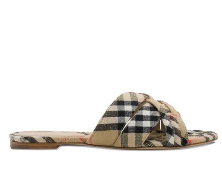 Burberry Check Cabana Slides in a linen blend with a leather sole NWT SIZE 8.5