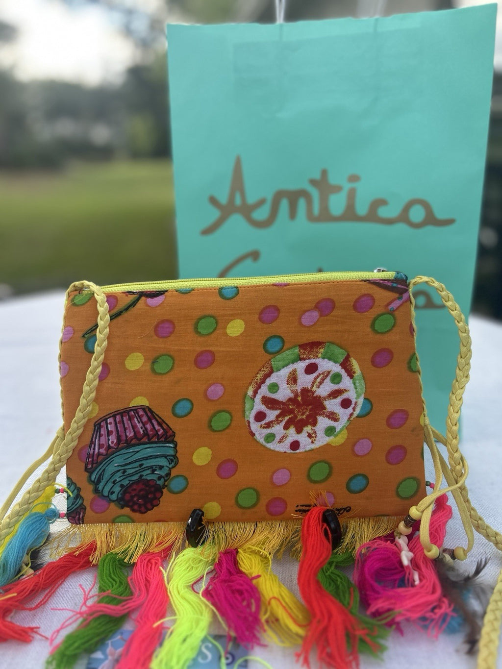 ANTICA SARTORIA ITALIAN FUN POMPOMS AND BEADING ZIP TOP PURSE NWT