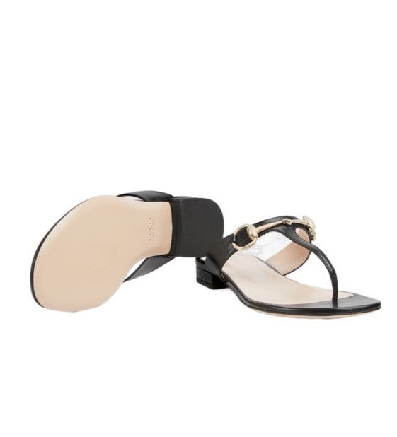 Gucci Women Horsebit Thong Sandals In Black Size 38 NIB