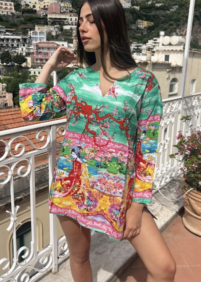 ANTICA SARTORIA 2025  Asian Print Red Green Tunic V NECK SHIRT NWT Medium
