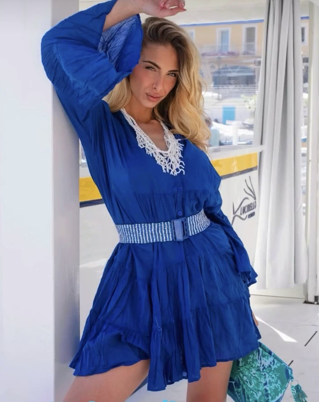 ANTICA SARTORIA 2025 SHORT Blue HOT V NECK DRESS 2025 NWT O/S