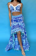 ANTICA SARTORIA BLUE & WHITE Blow FISH TOP & SKIRT LONG BACK SHORT FRONT SET
