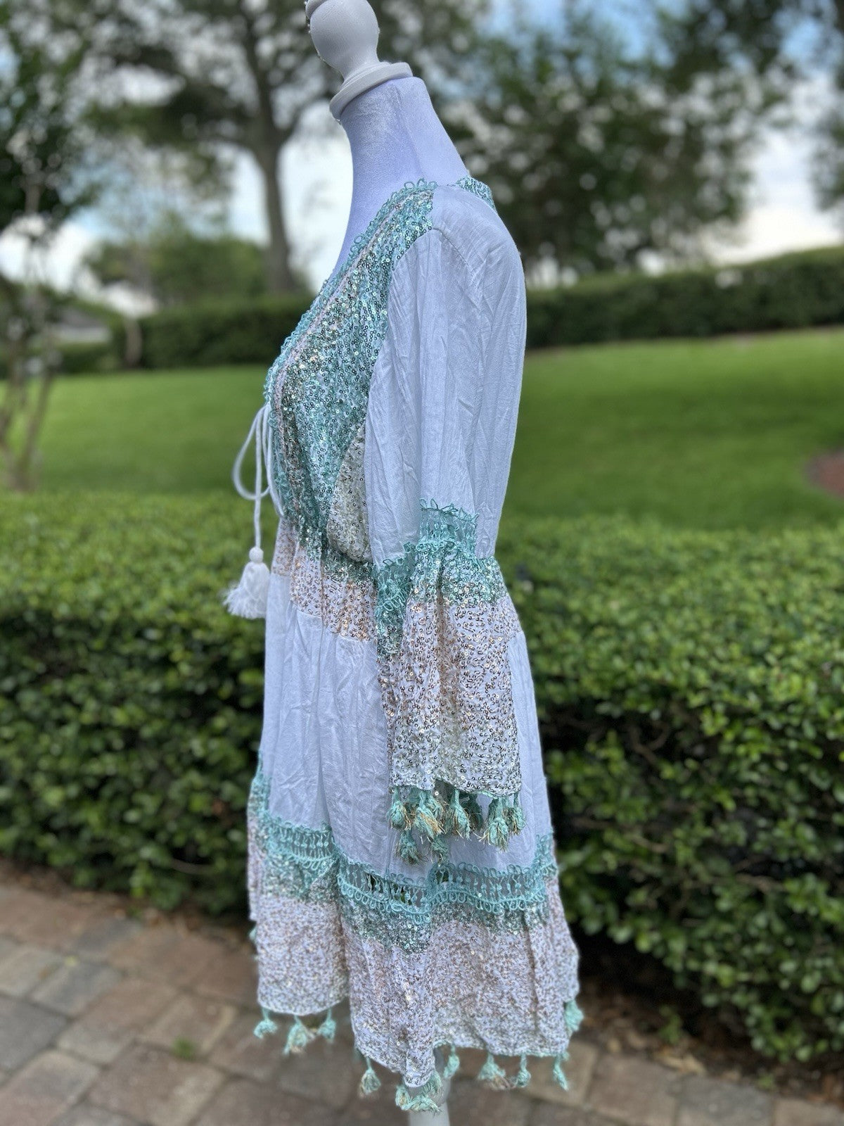 ANTICA SARTORIA 2024 WHITE AQUA GOLD TIE FRONT GORGEOUS SEQUINS OS DRESS LAST 1