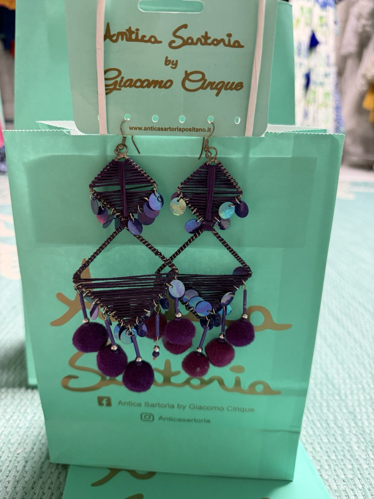 Antica Sartoria Pom Pom Hoop Triangle Earrings Beautiful Purple Nwt 💜