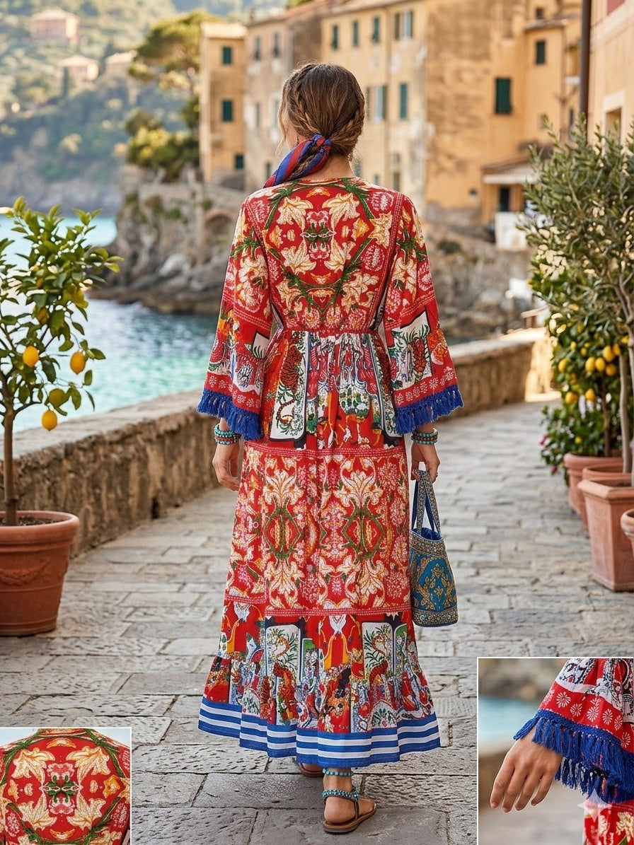Antica Sartoria Red Asian Print Gorgeous Beaded Dress Nwt O/S