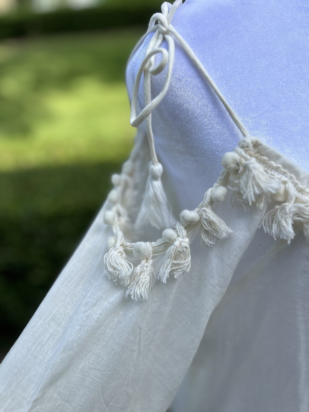 Antica Sartoria Off White Peek A Boo Shoulder Dress  Lace POMPOM