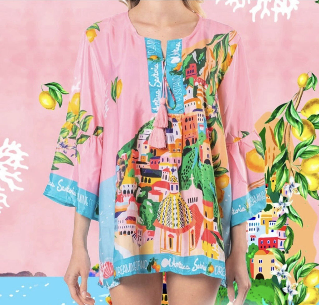 ANTICA SARTORIA 2025 CAPRI BY THE SEA PINK / BLUE BLOUSE NWT L/XL
