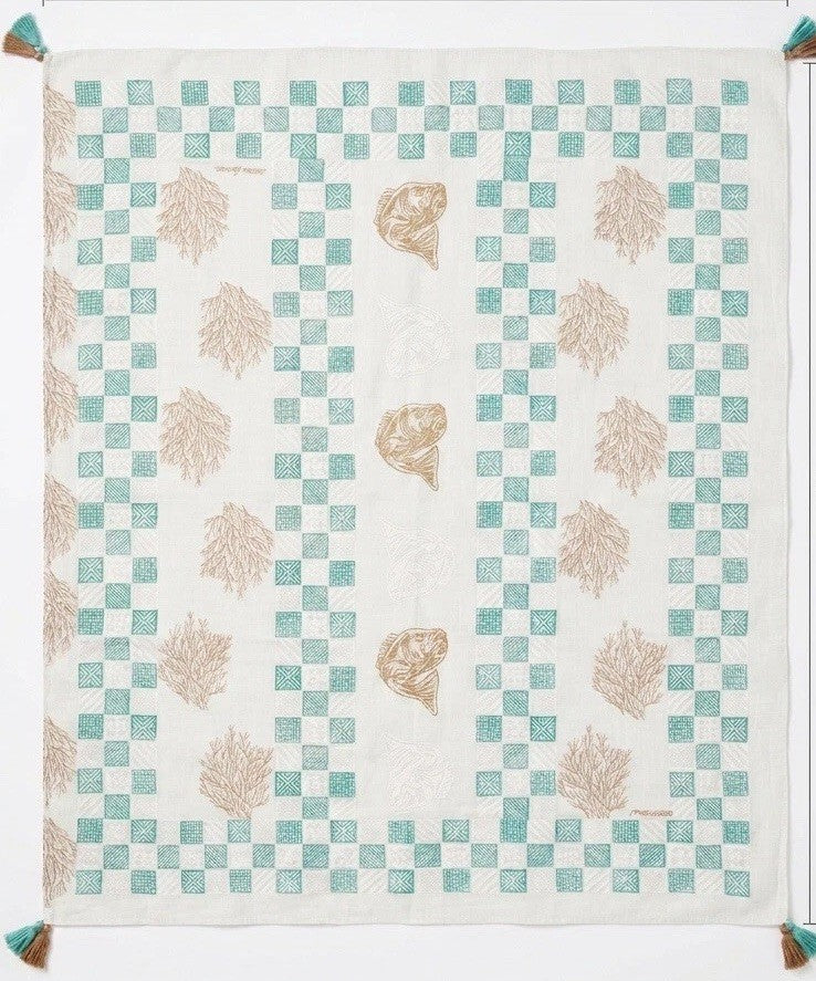 Antica Sartoria Gorgeous Green White Gold Shells 40x70 Cotton Scarf NWT