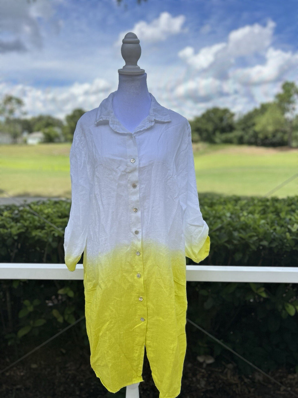 Made In Italy 100% Linen Short Long Shirt Tip Dye Button Down White Yellow 2 Pcs