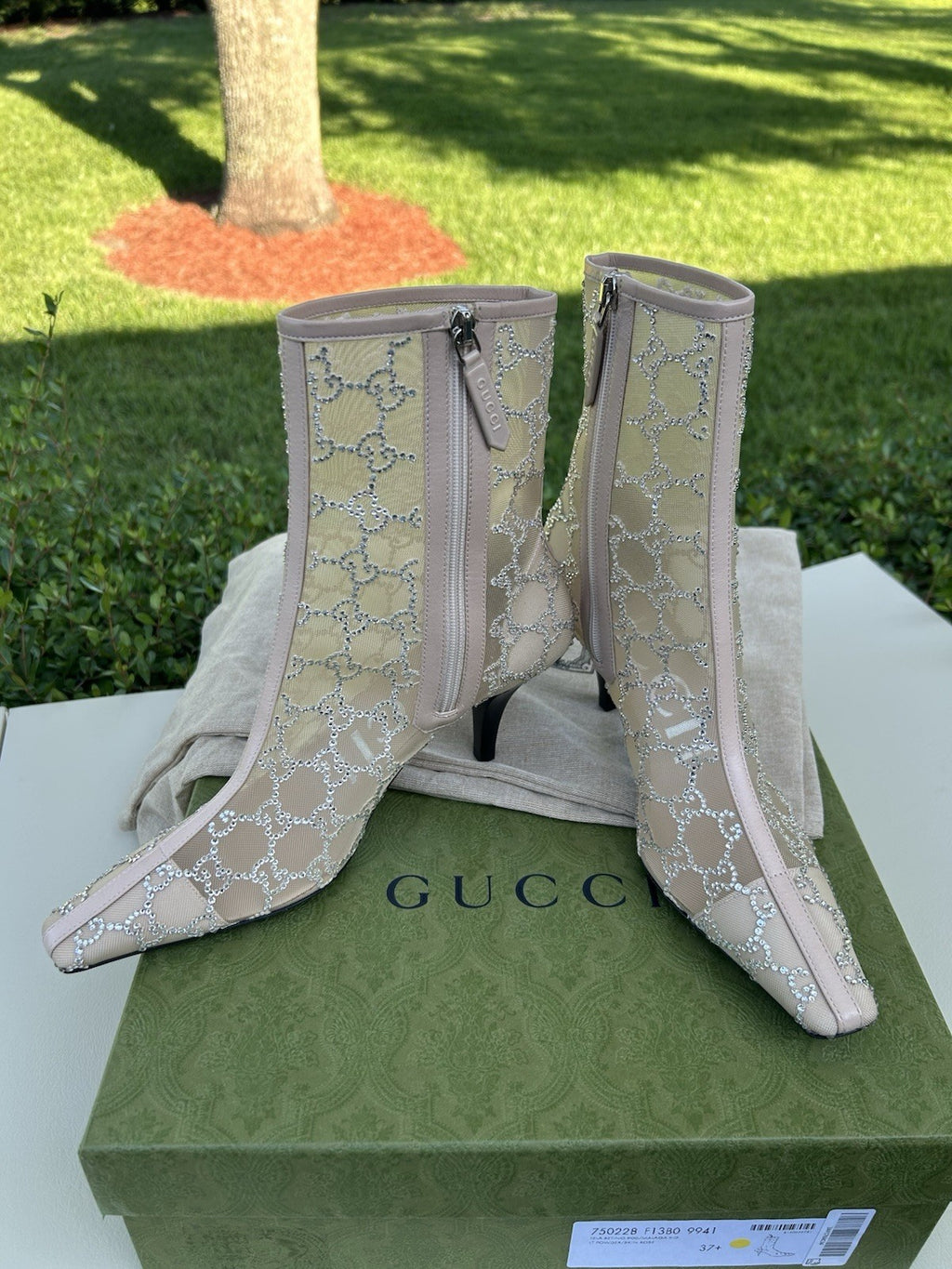 Gucci Demi Crystal Mesh Ankle Boots Glitter Beige Size EU-37.5 NIB