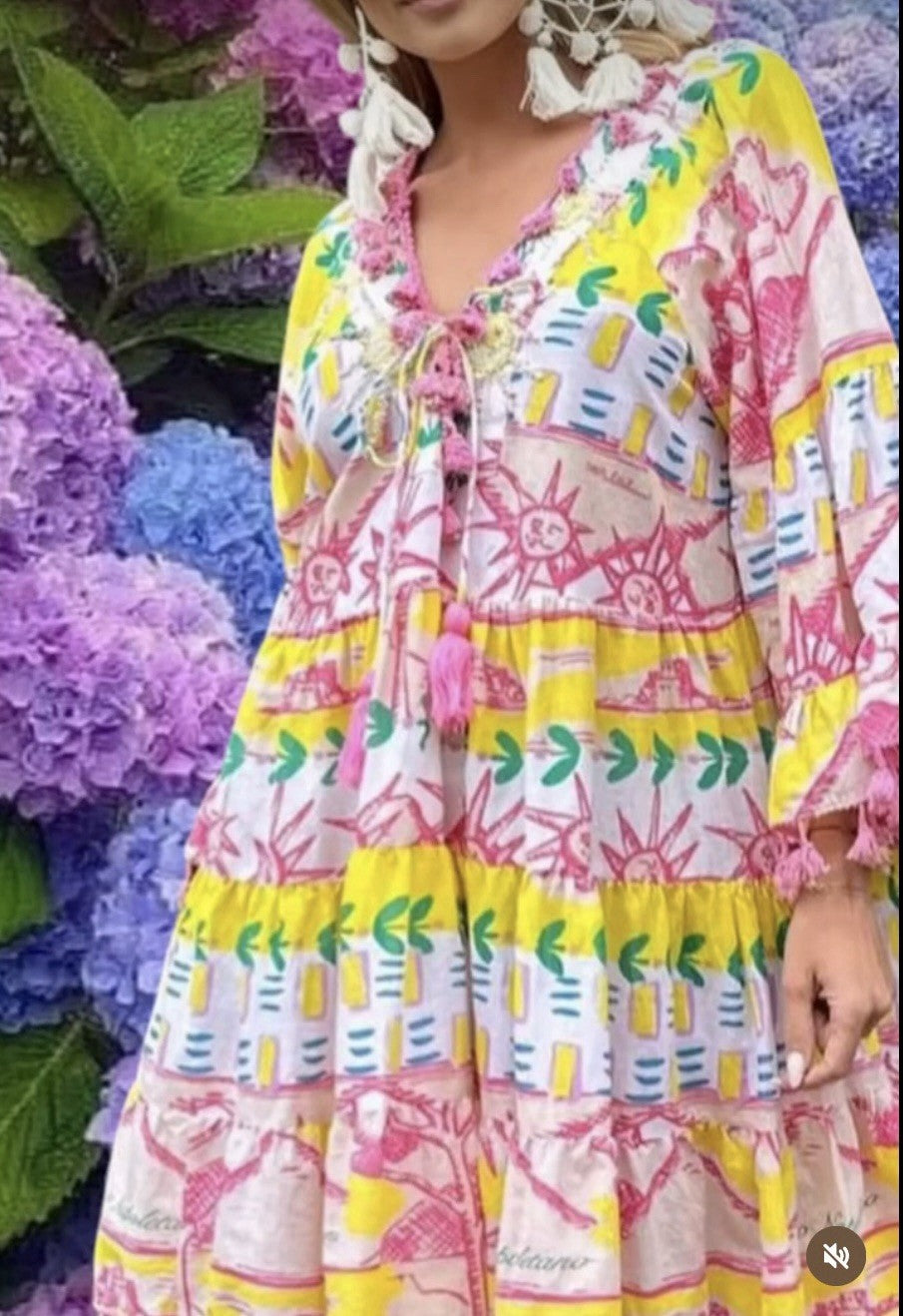 Antica Sartoria 2024 Fun In The Sun Yellow Green V Neck Dress NWT O/S