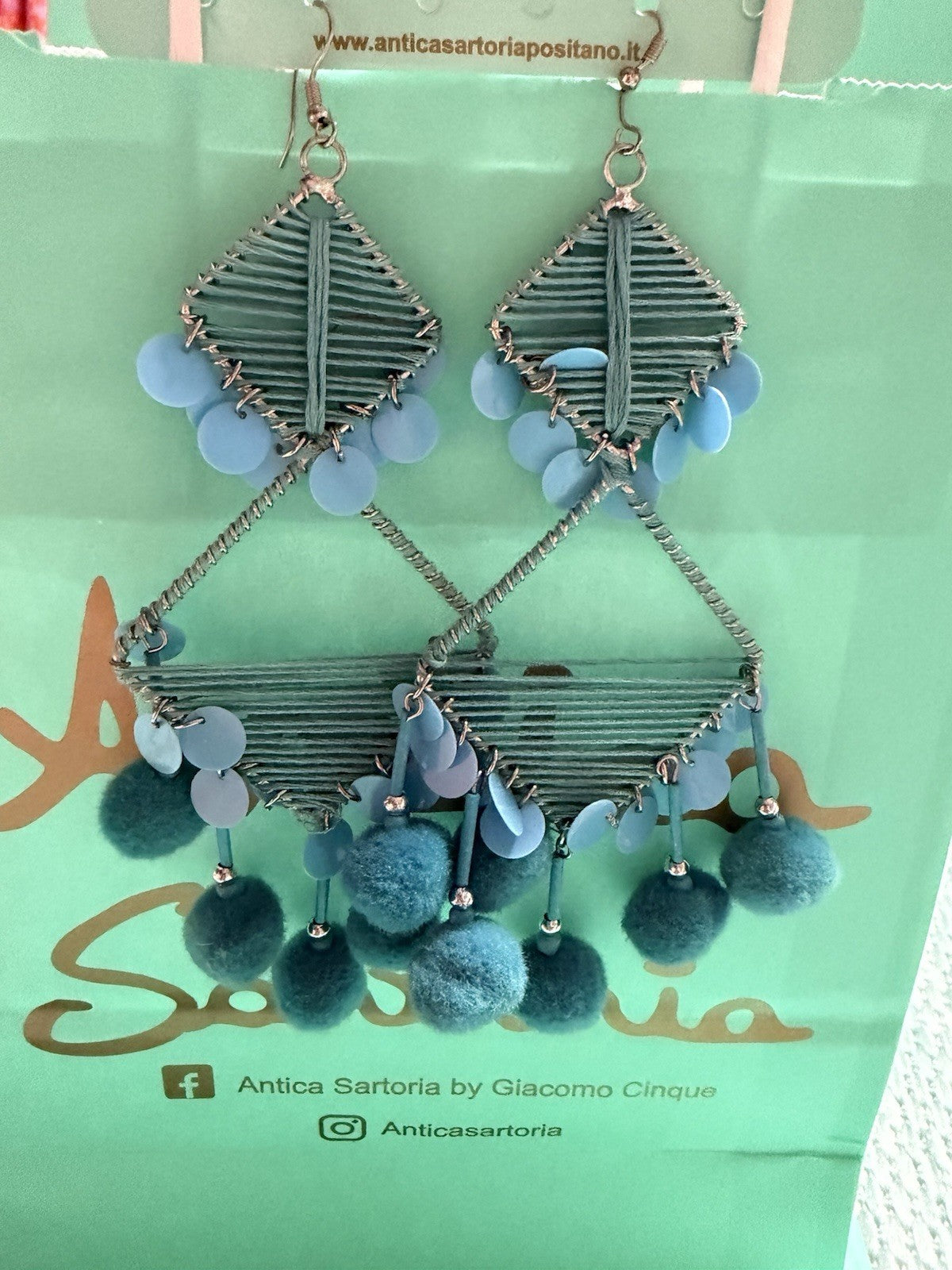 Antica Sartoria Pom Pom Hoop Triangle Earrings Light Blue Nwt 🩵