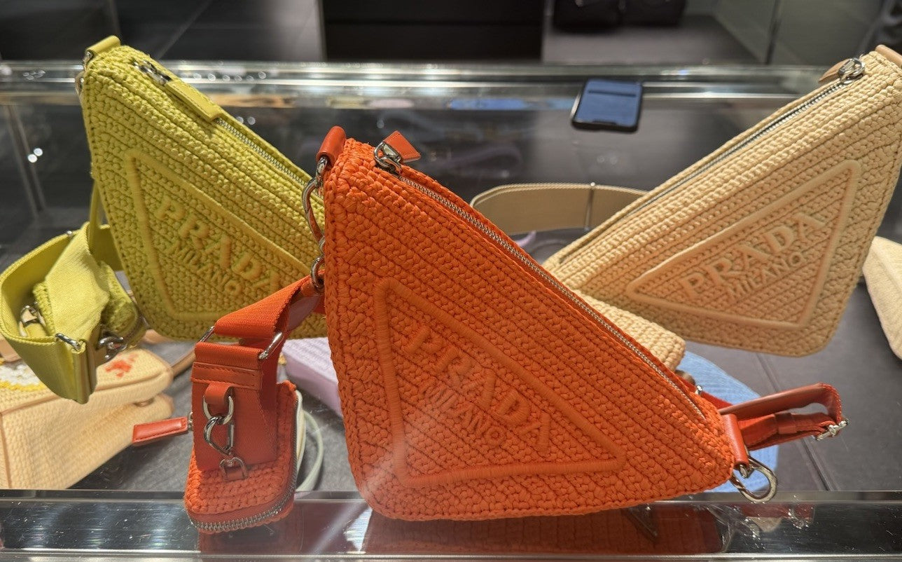 Prada Triangle Logo Raffia Effect Crochet Shoulder Bag Gorgeous Orange Color New