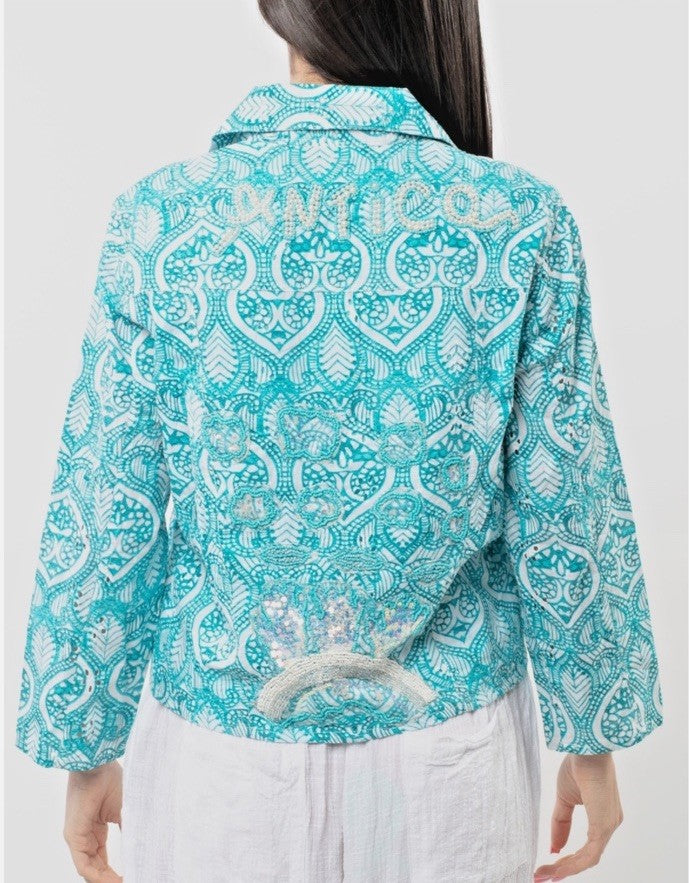 Antica Sartoria 2025 Beautiful Blue White Print Antica Beaded Jacket Medium NWT
