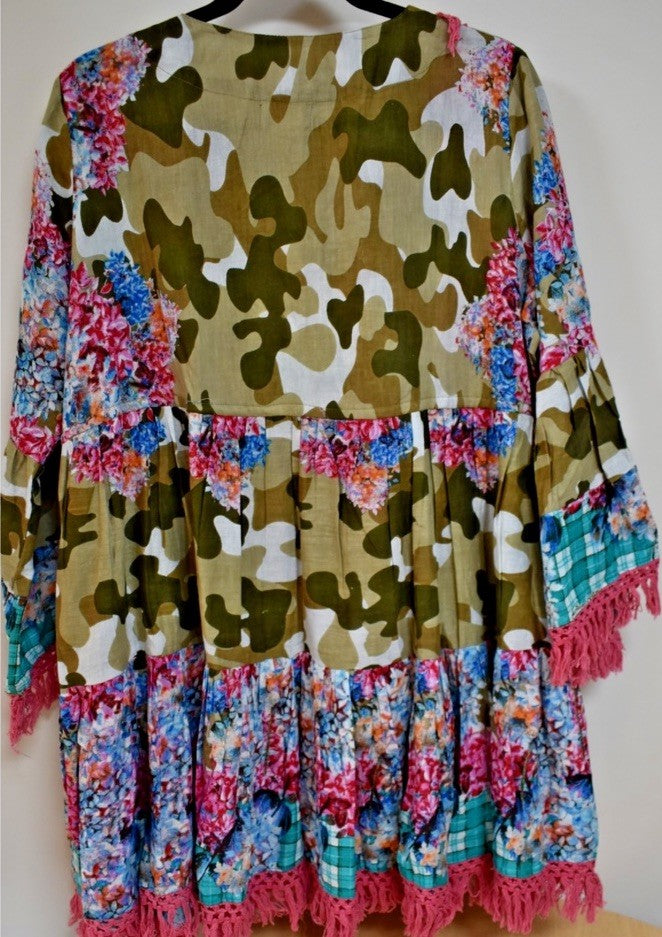 ANTICA SARTORIA 2024 CAMO & FLOWERS FUN PRINT FRONT V NECK DRESS NWT O/S