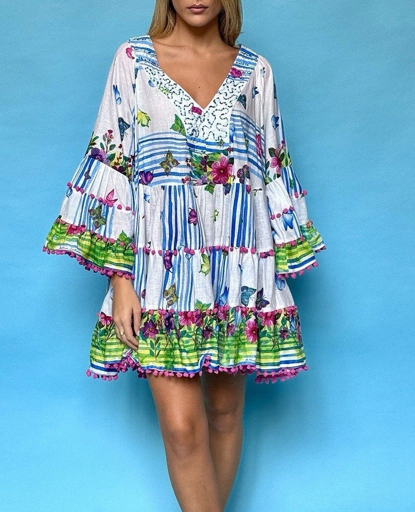 ANTICA SARTORIA 2024 WHITE & BLUE BUTTERFLIES & FLOWERS TOP/DRESS NWT O/S