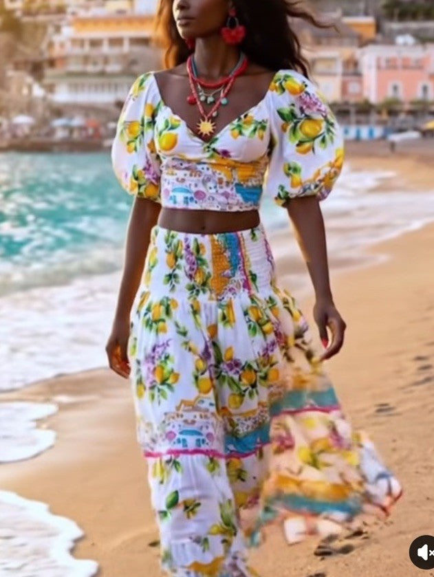 Antica Sartorial 2026 Positano Aqua White & Lemon Skirt Set NWT O/S