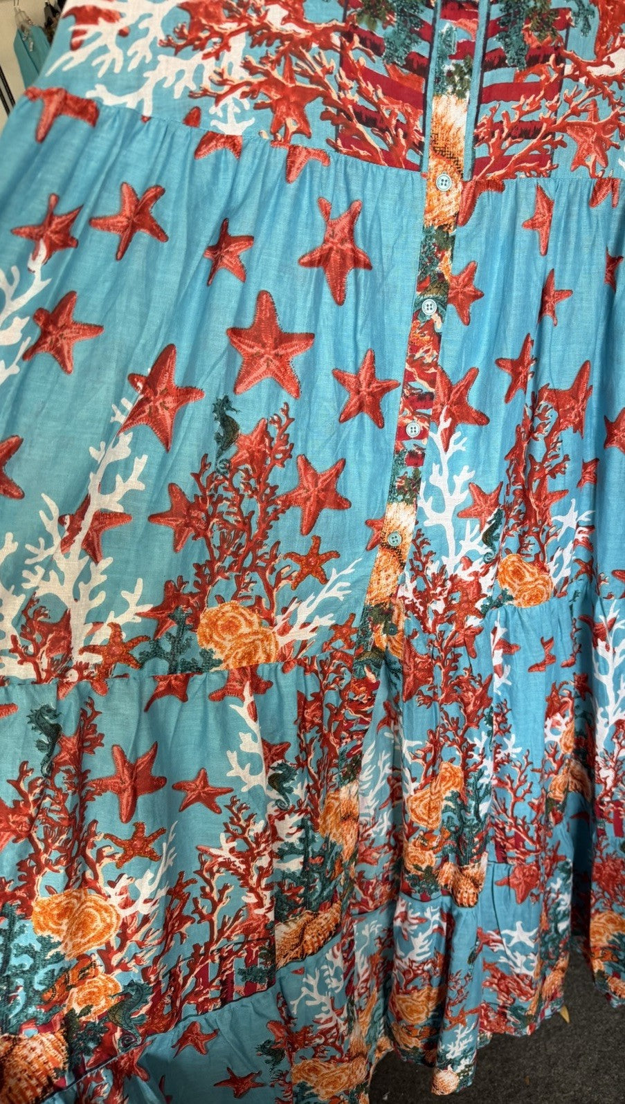 Antica Sartoria 2026 Aqua Coral Fish & Stars Long Flowy Belted Button Down Dress