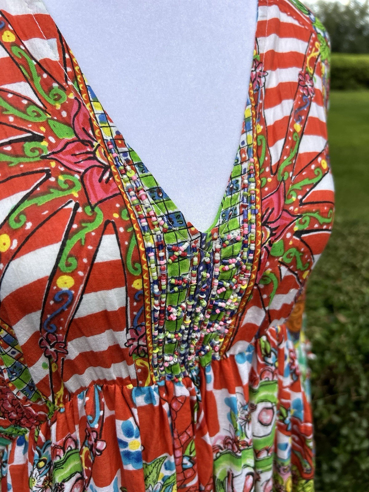 Antica Sartoria 2024 Gorgeous Print Green & Red Long Beaded V Neck Dress NWT O/S