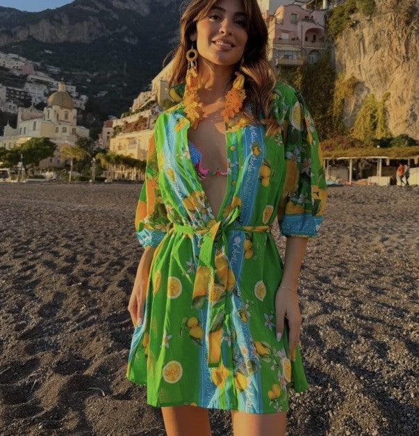 Antica Sartoria 2026 Green Aqua  🍋 Button Down Belted  Dress Kimono Robe  O/S