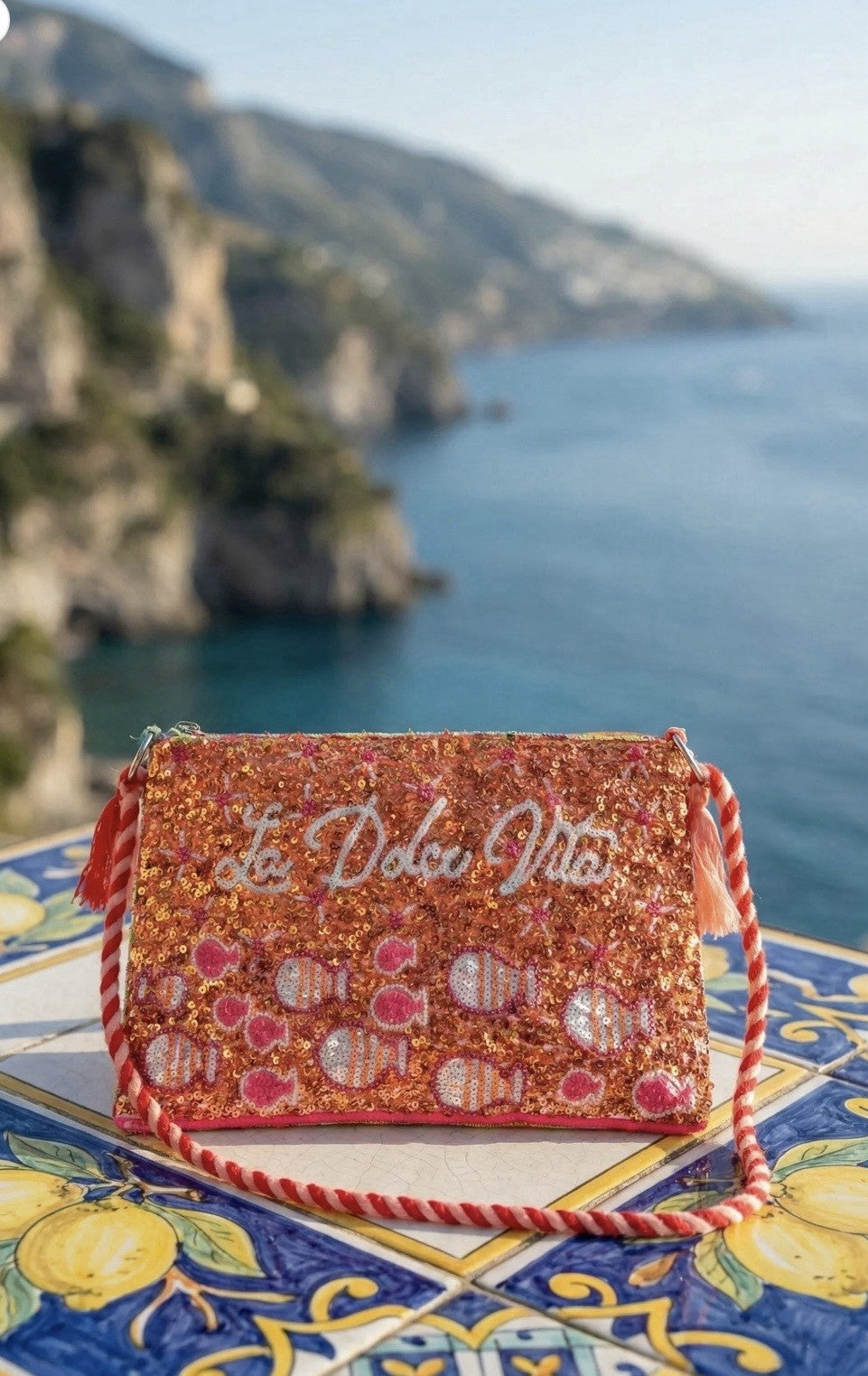 Antica Sartoria 2026 La Dolce Vita Orange Red Fish Clutch Beaded Bag Gorgeous