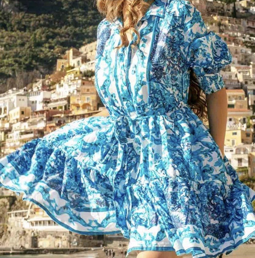 ANTICA SARTORIA 2026 BLUE & WHITE BELTED DRESS OS NWT