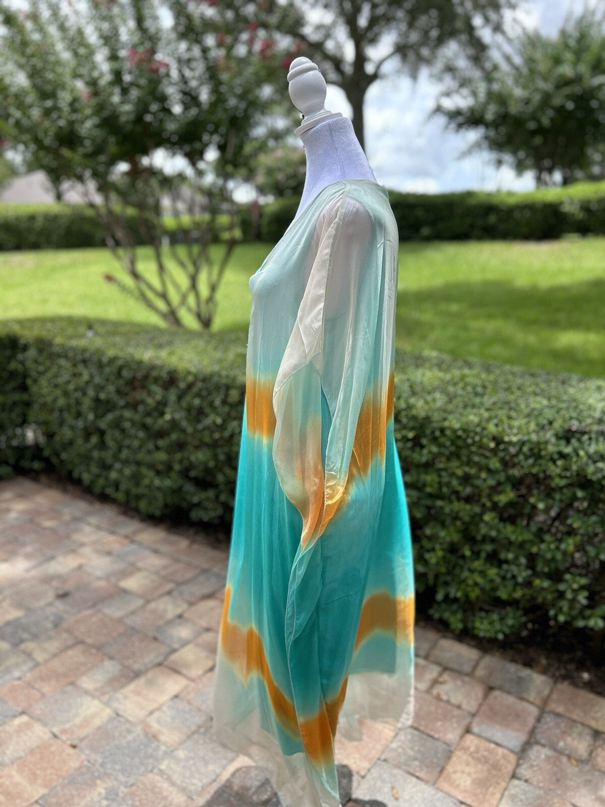 Made In Italy Silk Dress Kaftan Aqua, Nude Gold One Size