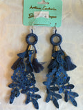 ANTICA SARTORIA NAVY BLUE FLOWERS POM POMS EARRINGS PIERCED  NWT
