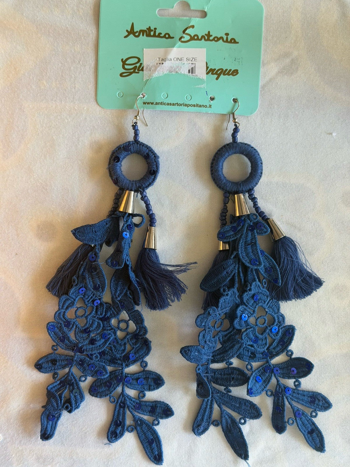 ANTICA SARTORIA NAVY BLUE FLOWERS POM POMS EARRINGS PIERCED  NWT
