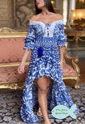 Antica Sartoria 2024 Off Shoulder Long Short Blue White Dress Nwt O/S Last One
