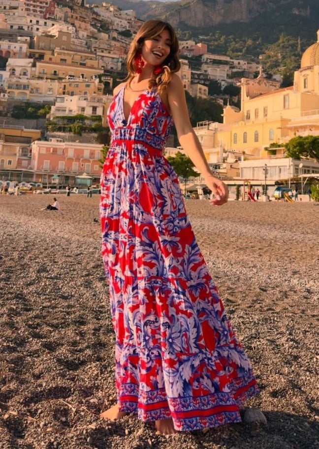 Antica Sartoria 2026 Blue & Red V Neck & V Back Dress O/S Nwt