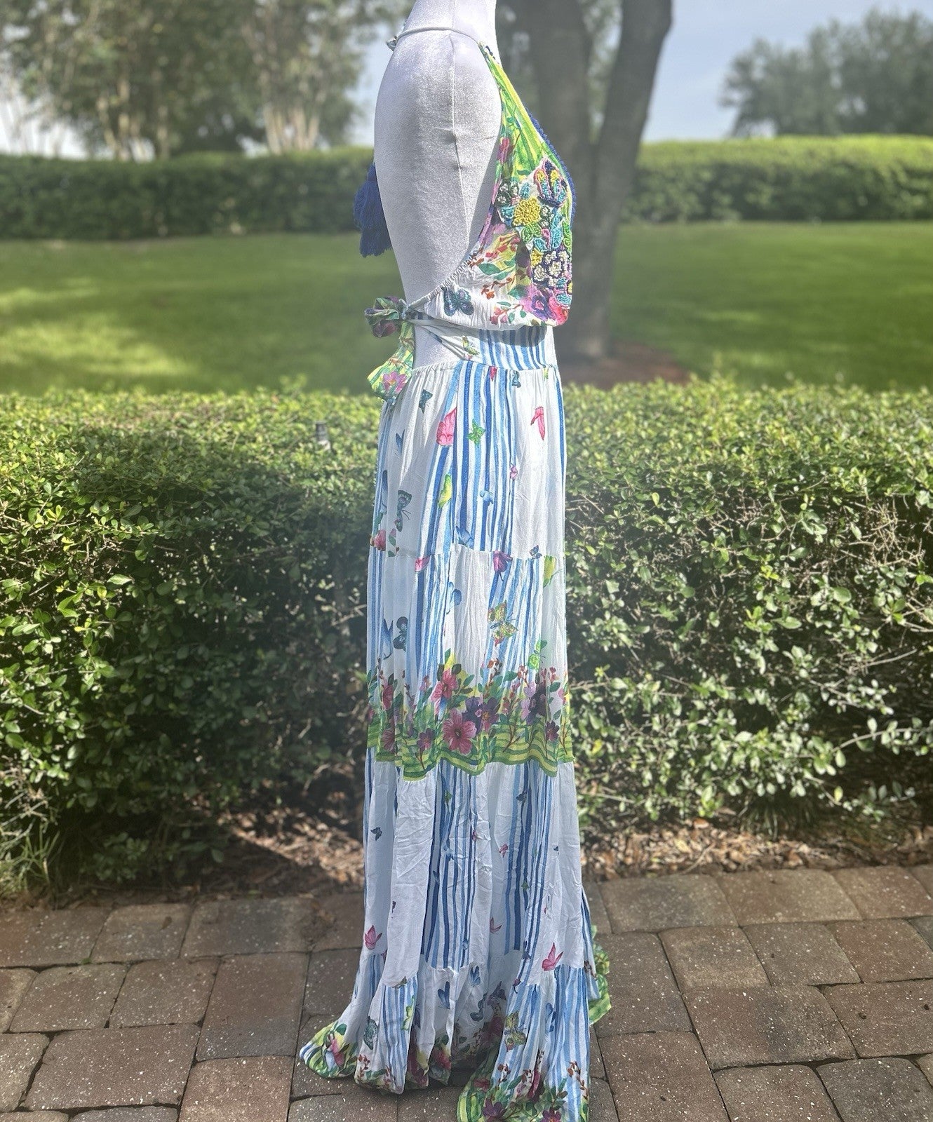 Antica Sartoria 2024 Long Halter V Neck Beaded  Butterflies & Stripes Dress Nwt
