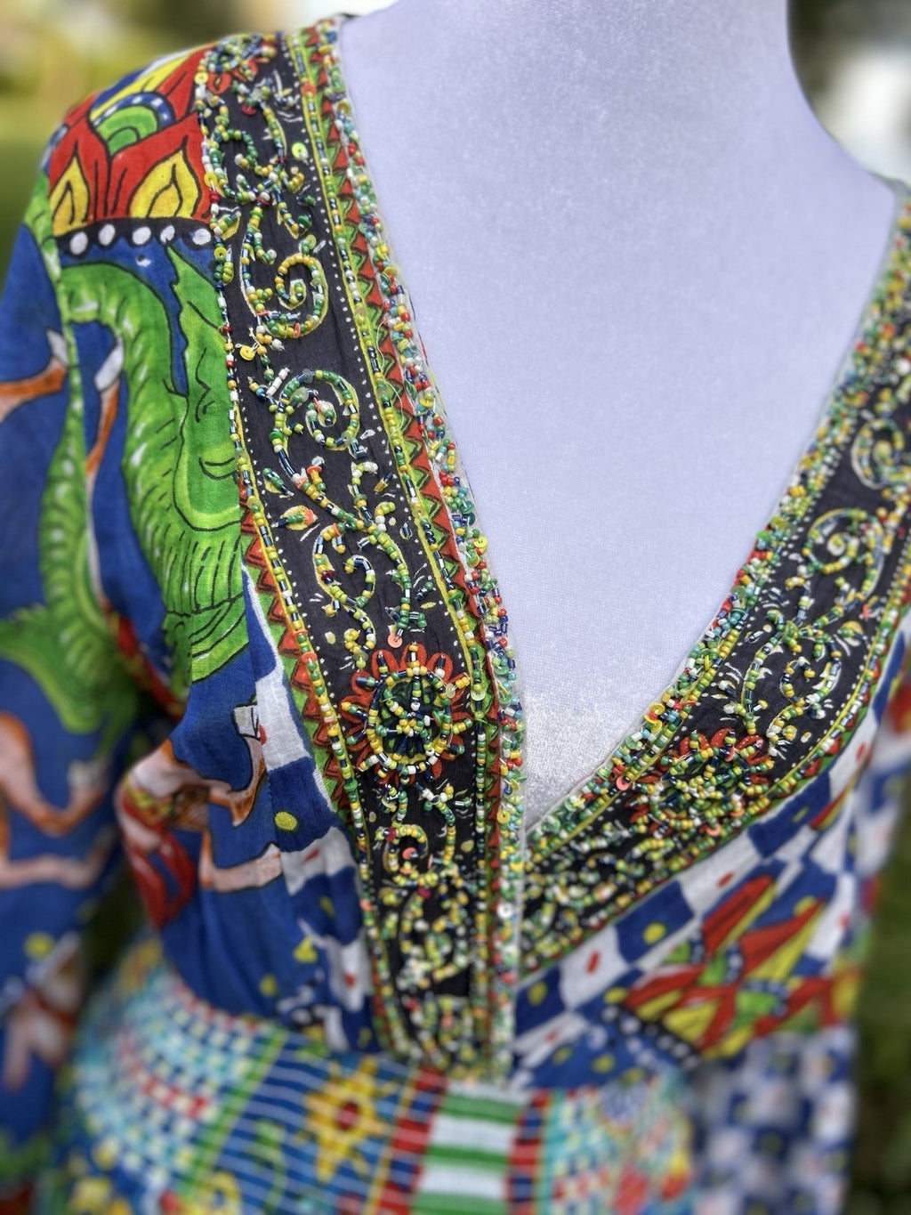 Antica Sartoria 2024 Gorgeous Green & Blue Long V Neck Beaded Top Dress NWT O/S