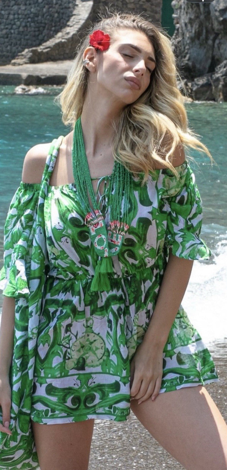 Antica Sartoria 2025 Green And White Off Shoulder Romper Nwt O/S