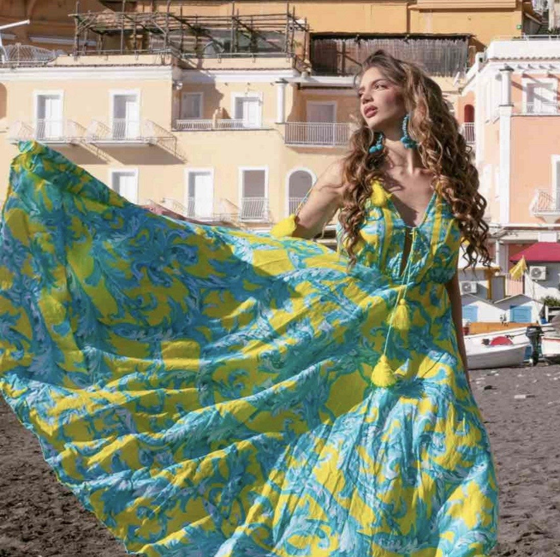 Antica Sartoria 2026 Aqua Yellow Strappy V Neck & Back Dress O/S Nwt