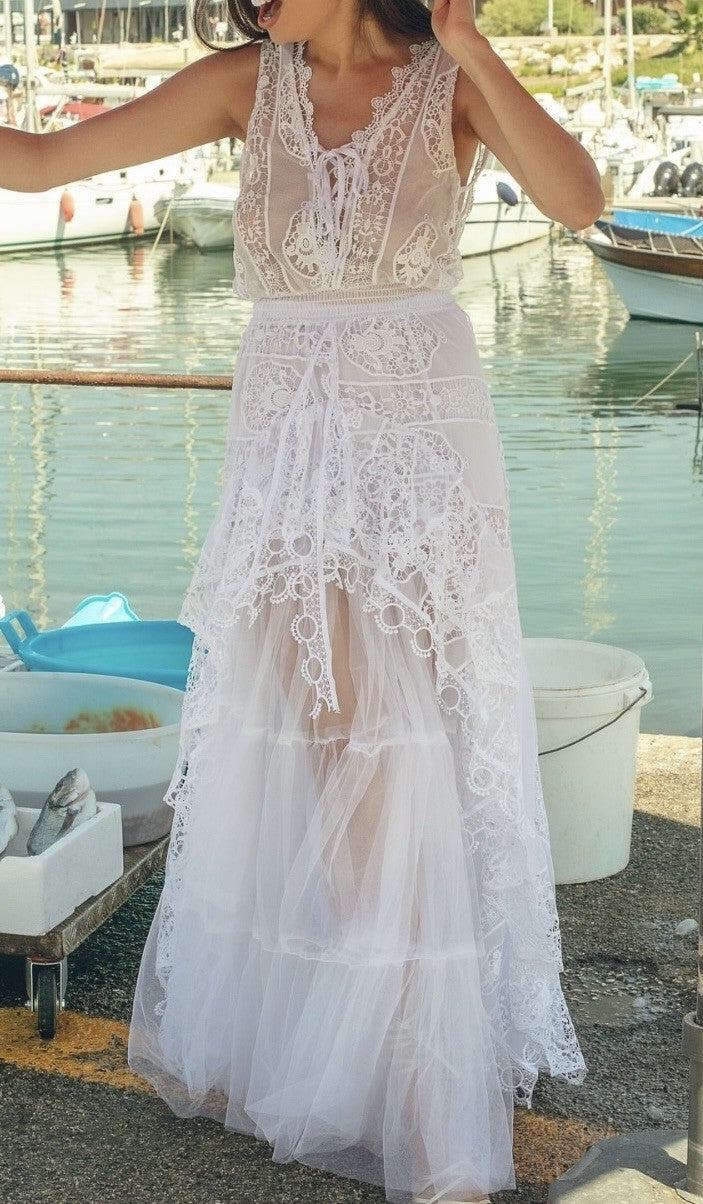 Antica Sartoria Long Back Short Front White Lace Dress  NWT With Under Skirt