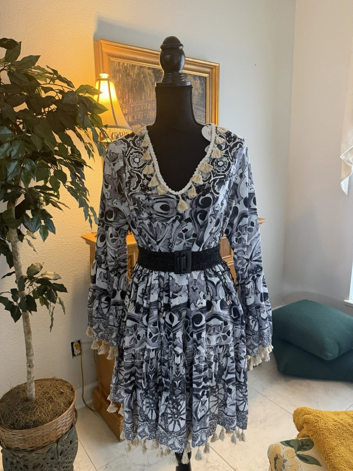 Antica Sartoria Black / White Beaded Tassel Dress Nwt O/S