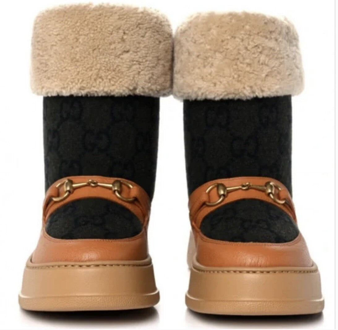 Gucci Interlocking GG Wool Monogram Shearling Boots Size 39+ NEW In BOX