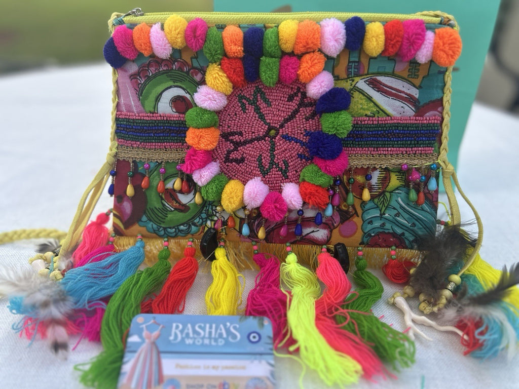 ANTICA SARTORIA ITALIAN FUN POMPOMS AND BEADING ZIP TOP PURSE NWT