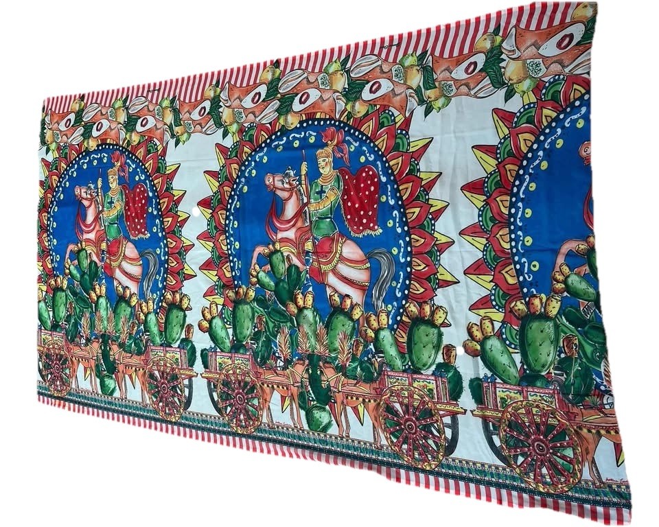 Antica Sartoria Blue Red Sicilian Wheel Knights Scarf SARONG  Cotton 40x70 NWT