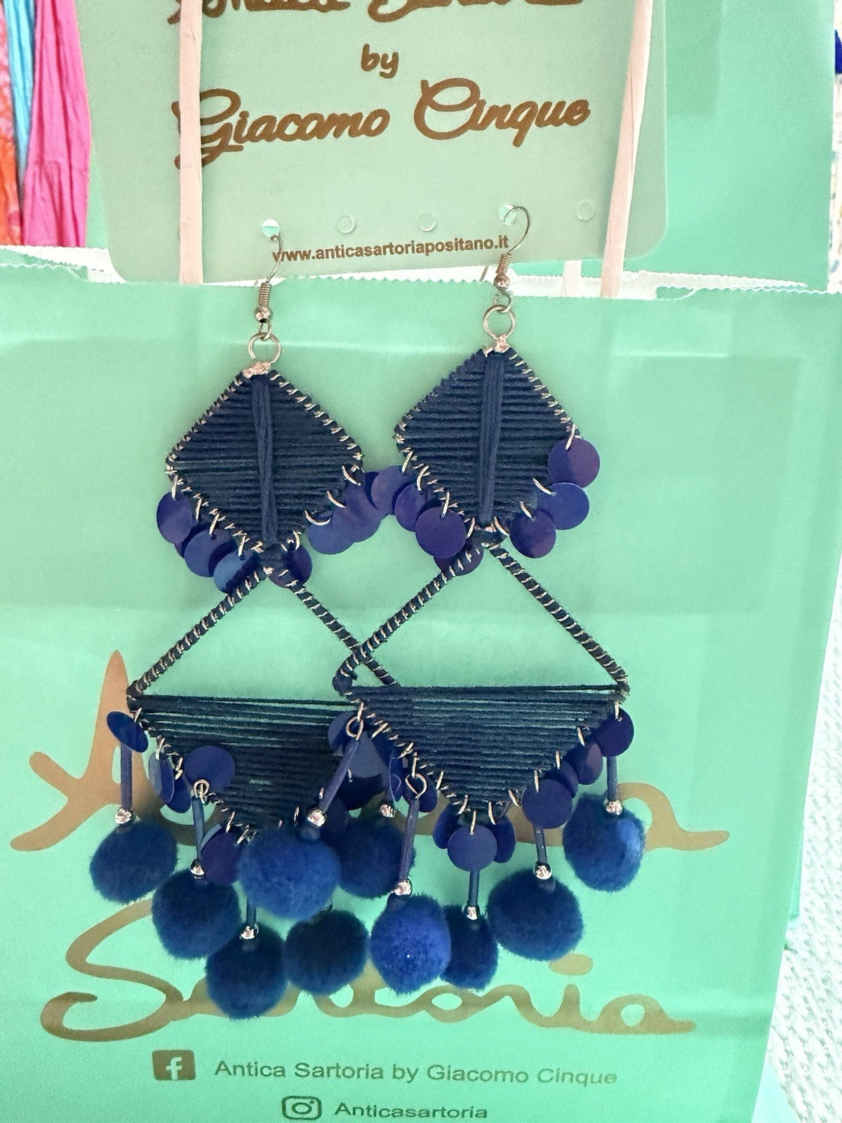 Antica Sartoria Pom Pom Hoop Triangle Earrings Blue Nwt 💙