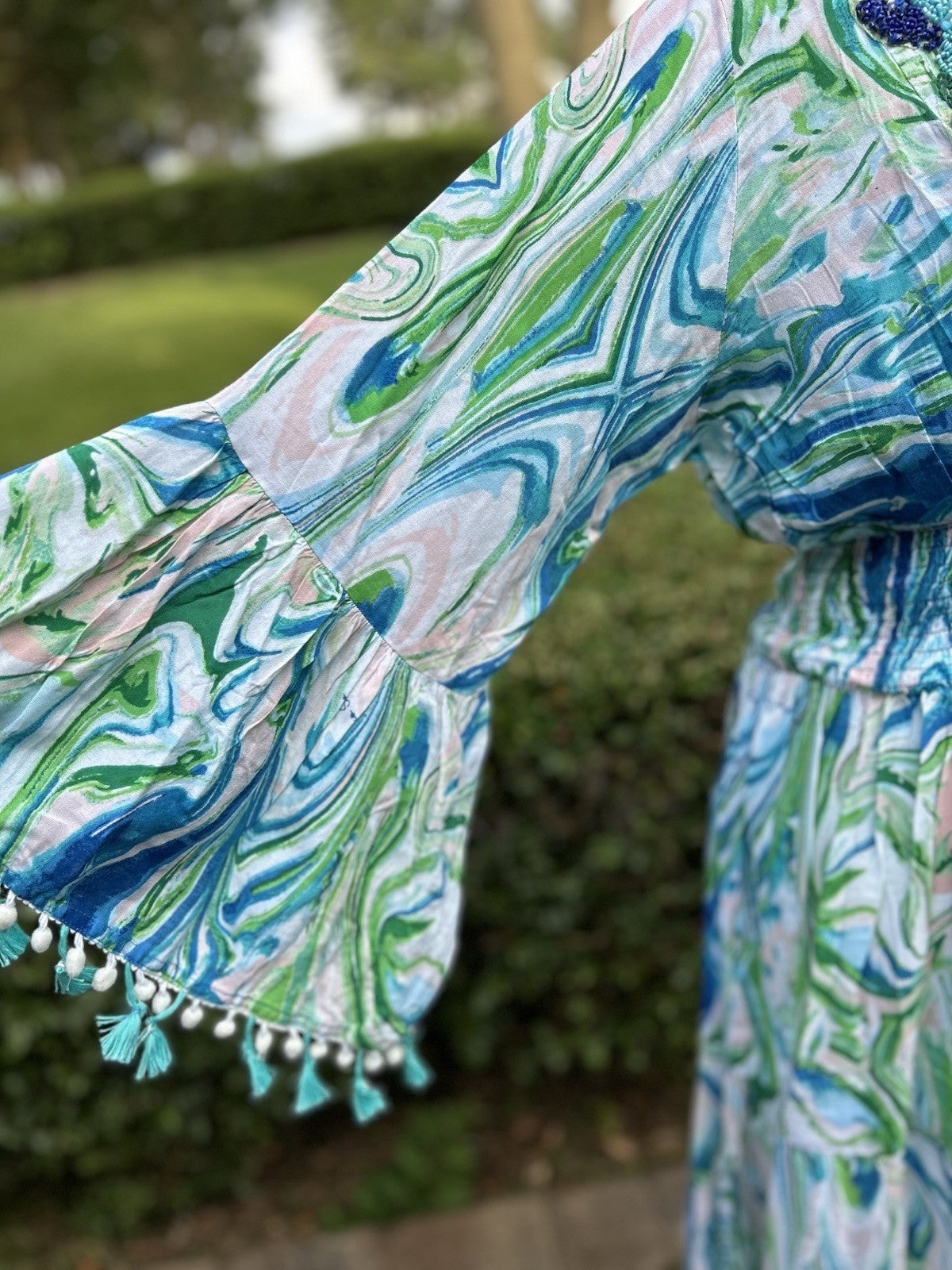 Antica Sartoria Aqua Blue White Swirl Print Long V Neck Beaded Dress NWT O/S