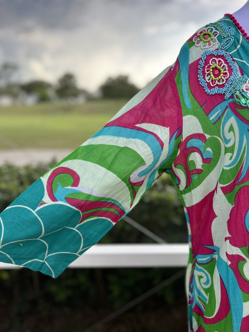 Antica Sartoria Splash & Wave Pattern Long Kaftan Dress Aqua🩵 🩷 Pink 💚🤍 S/M