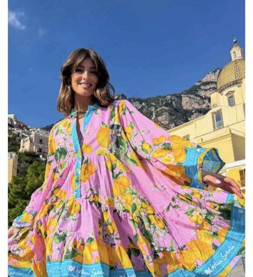 Antica Sartoria 2026 Positano Aqua & Pink Lemon 🍋 4 Button Flare Dress NWT O/S