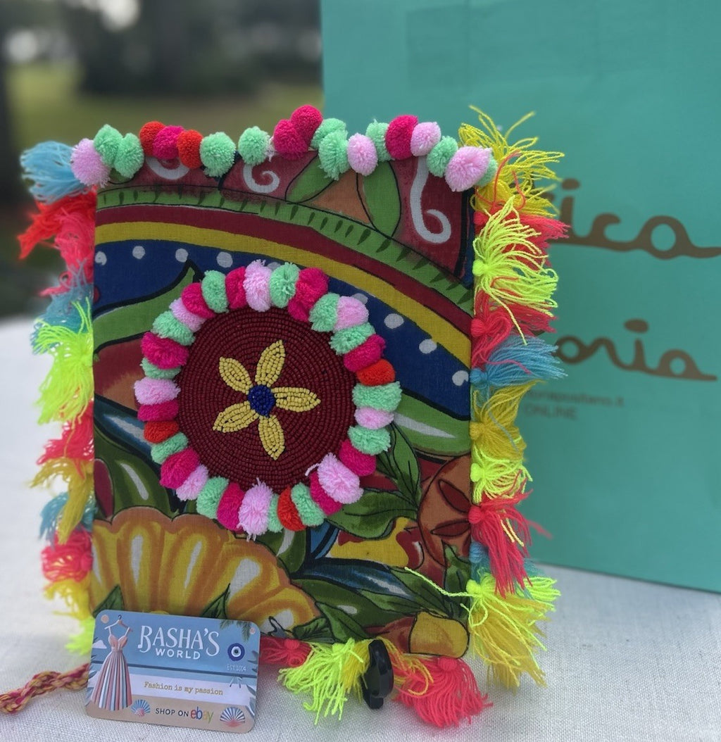 ANTICA SARTORIA ITALIAN FUN POMPOMS AND BEADING ZIP TOP PURSE NWT
