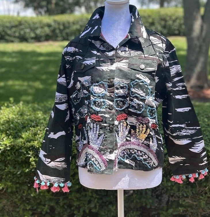 Antica Sartoria Black & White Denim Jacket Embroidery NWT XL