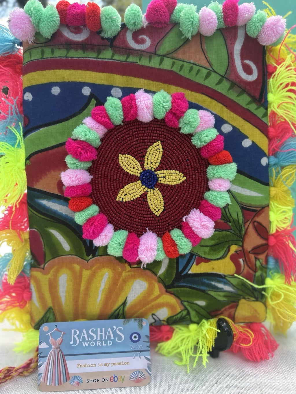 ANTICA SARTORIA ITALIAN FUN POMPOMS AND BEADING ZIP TOP PURSE NWT
