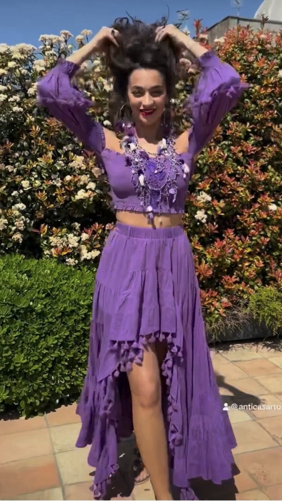 Antica Sartoria Purple Long Back Short Front Skirt & Beaded Top NWT POMPOM NWT