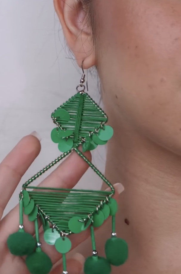 Antica Sartoria Pom Pom Hoop Triangle Earrings 💚 Green Nwt