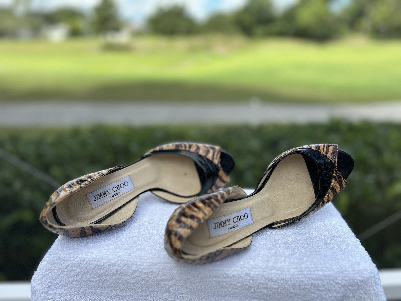 Jimmy Choo Cheetah BLACK Heels PEEP TOE SEXY SIZE 38